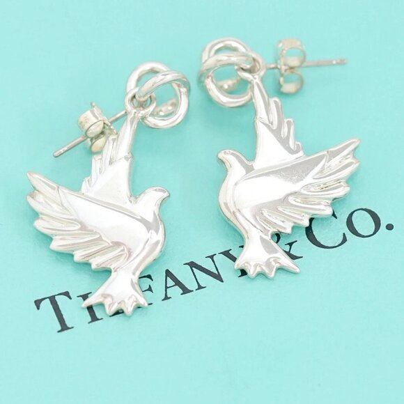 Tiffany & Co. Dove Bird Stud Earrings Silver 925 Auth w/Box #22300 - Picture 1 of 7